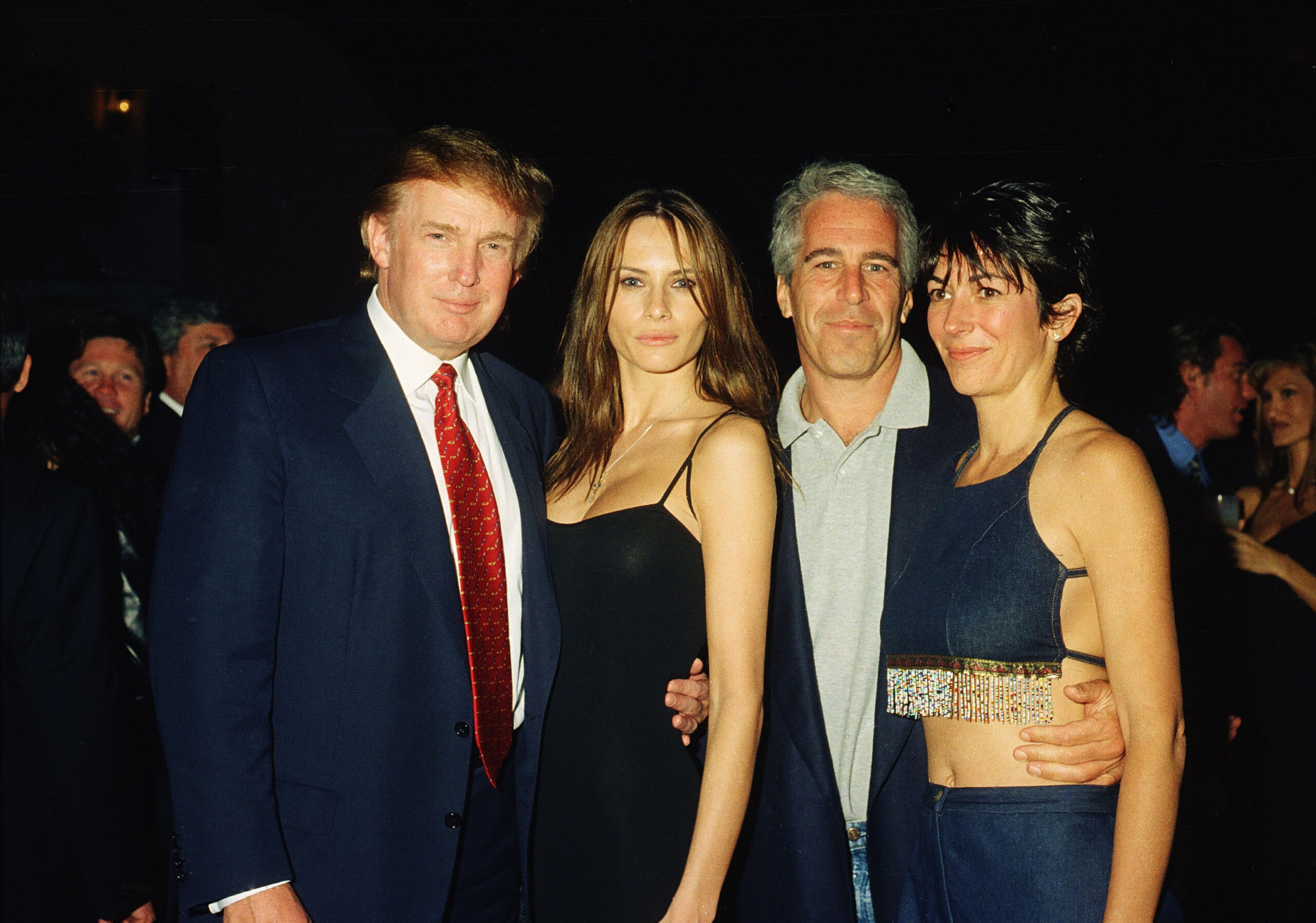 Donald Trump and his girlfriend (and future wife), former model Melania Knauss, financier (and future convicted sex offender) Jeffrey Epstein, and British socialite Ghislaine Maxwell pose together at the Mar-a-Lago club, Palm Beach, Florida