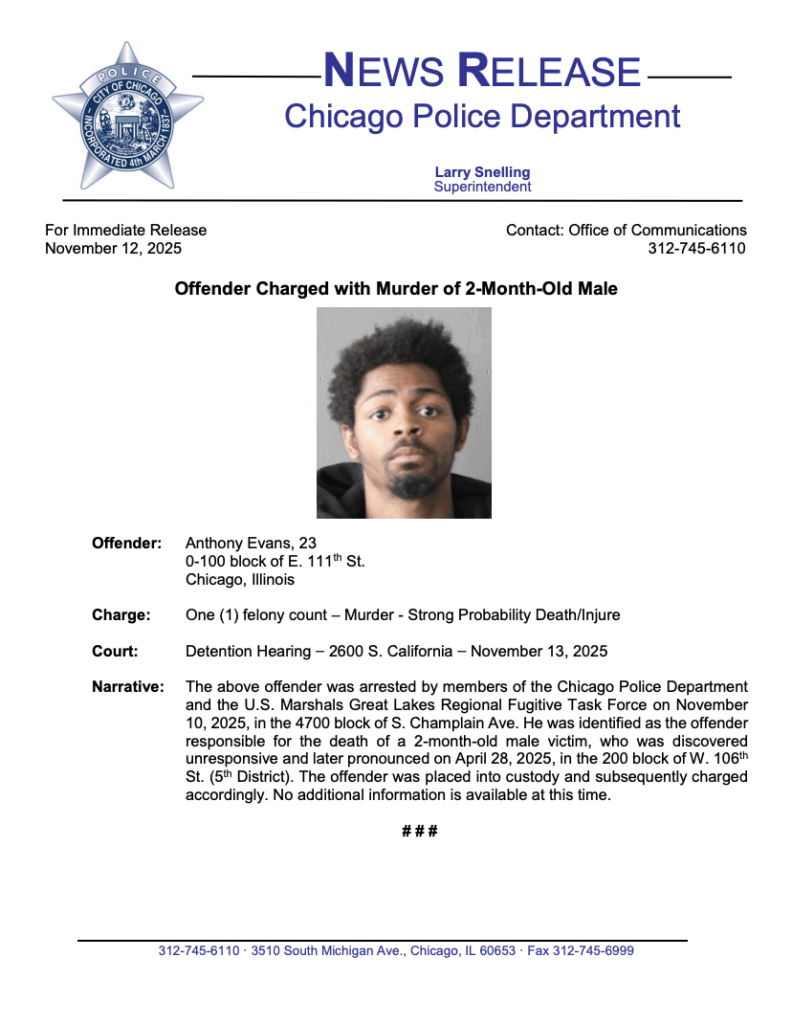 Un hombre de Chicago ha sido acusado de asesinato por la muerte de su hijo de dos meses.