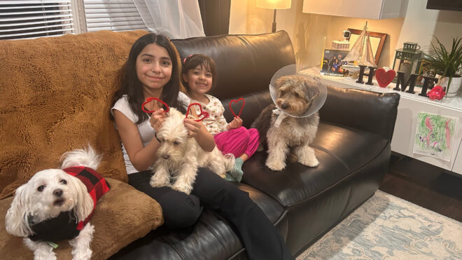 dos niñas y tres perritos en el sofa