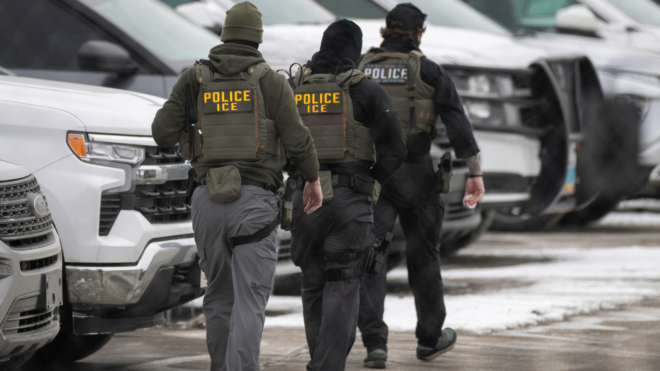 ICE agents depart the Bishop Henry Whipple Federal Building