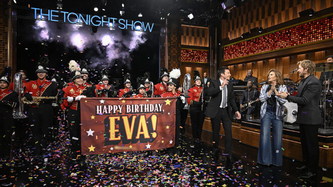 Host Jimmy Fallon, left, actress Eva Mendes and actor Ryan Gosling