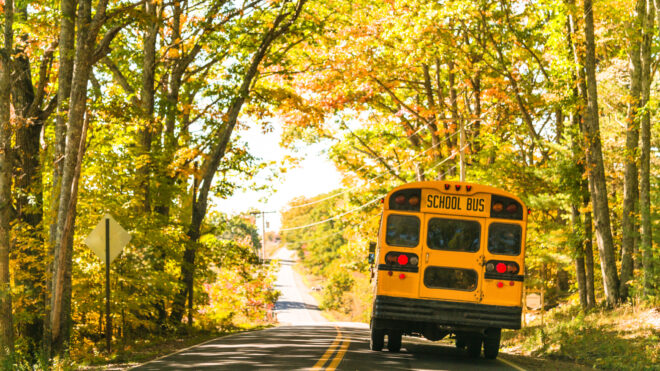 yellow school bus rear view on the road
